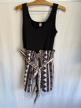 H&M Black Ribbed Tank Jumpsuit with Patterned Paperbag Waist